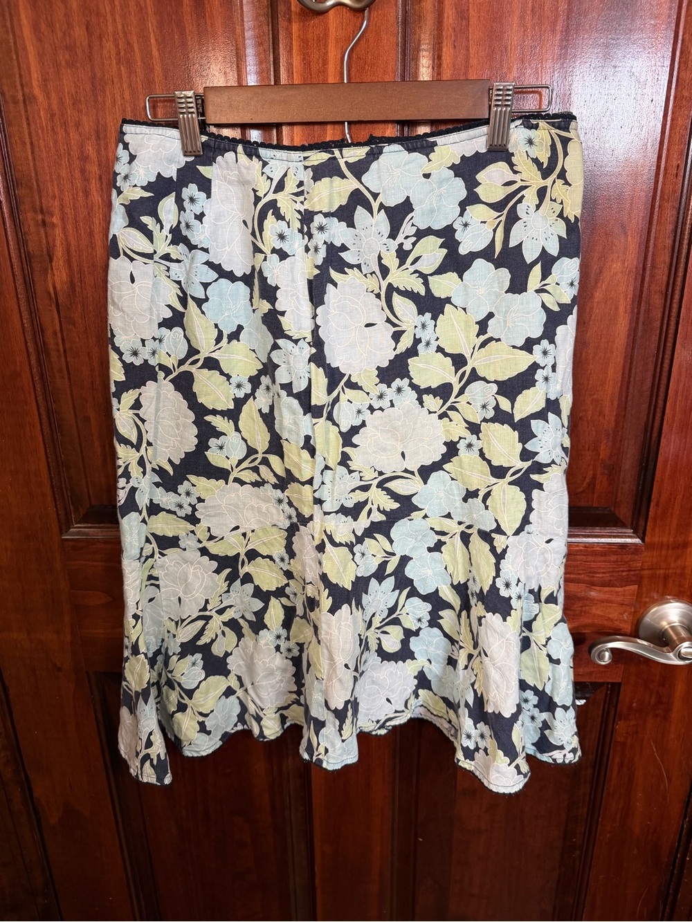 LOFT Black A-Line Midi Skirt with Cream & Pale Green Floral Print